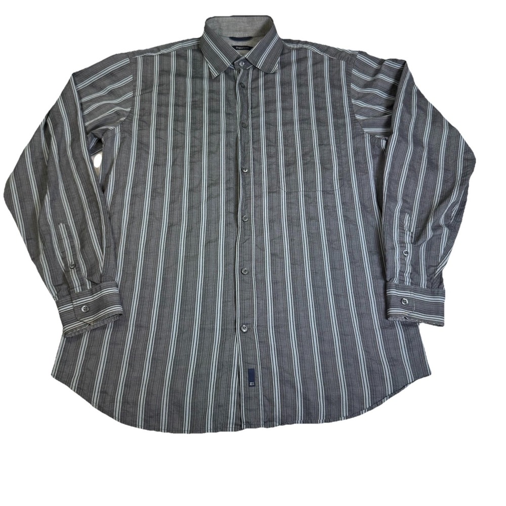 Zenga Sport Men's‎ 100% Cotton Gray Striped Button Down Large